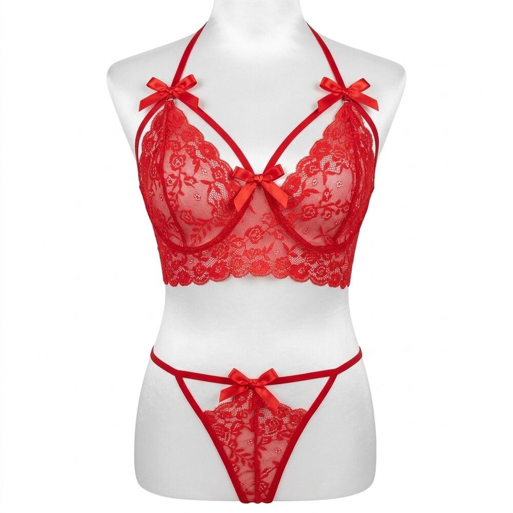 Flatter Me Lipstick Red Lace 2-Piece Crotchless Sexy Lingerie Set sz XXL NEW Tag